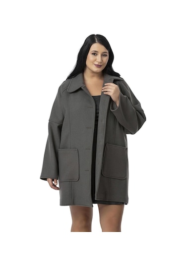 Büyük Beden Gömlek Yaka Reglan Kollu Torba Cepli Astarsız Kaşe Kısa Gri Kaban Gri