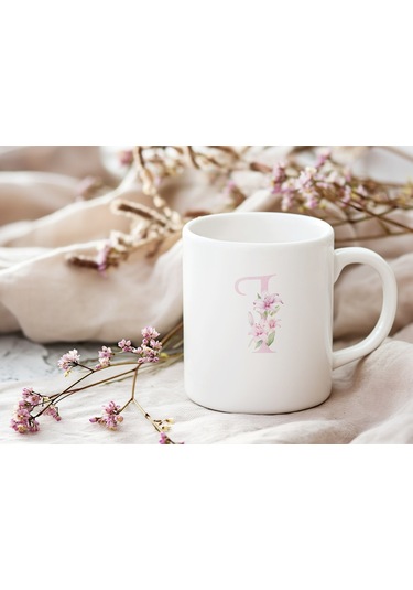 I Harfi Pembe Çiçek Desenli Kupa Bardak - Zarif Pembe Çiçek Tasarım Kahve Çay Kupası - Hediye Beyaz