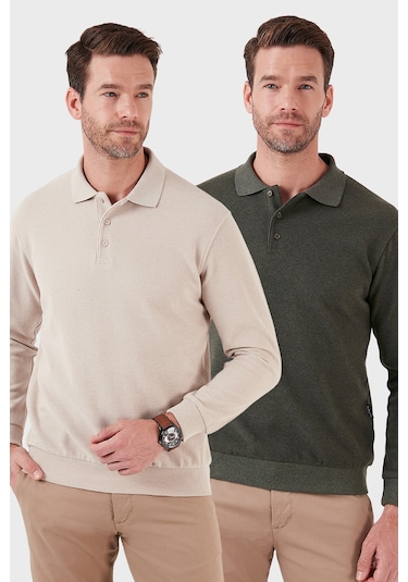 Buratti Pamuk Karışımlı Regular Fit 2'Li Paket Erkek Polo Yaka Kazak 456223S2 Bej-Haki