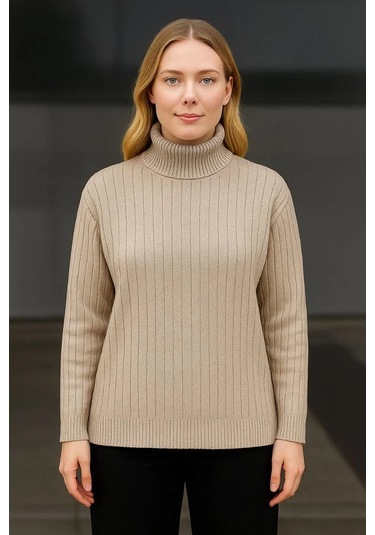 Kadın Balıkcı Yaka Bağazlı Triko Kazak Pamuklu Kalın Fitilli Dokuma - Bej Bej