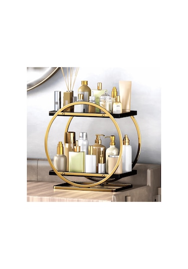 Sones 2 Katlı Kozmetik Sergileme Tepsisi Makyaj Düzenleyici Ve Saklama Şifonyer Banyo Siyah Ve Altın