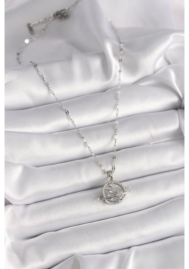 Gümüş Renk Zincir Zirkon Taşlı Yıldız Detay Gezegen Model Kadın Kolye - Ebj241228w30251 Bakır