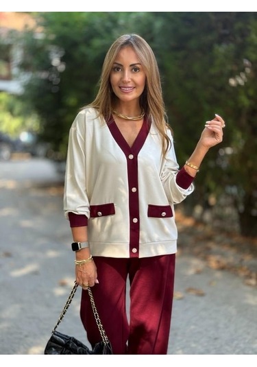 Kadın Uzun Kollu Ribanali Cep Detay Hırka Ve Bol Paça Pantolon Ikili Takım Bordo