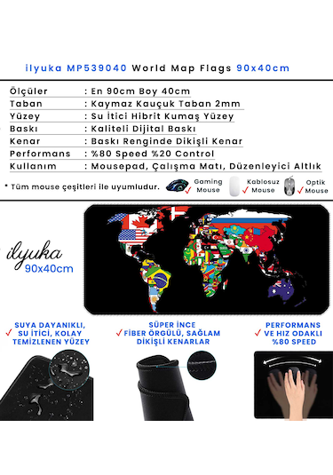 İlyuka Mousepad 90x40cm Büyük Boy Xxl Mp539040 World Map Flags