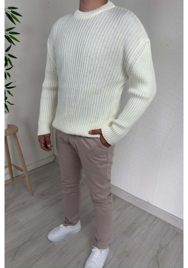 Explode - Erkek Ekru Bisiklet Yaka Oversize Triko Kazak Ekru