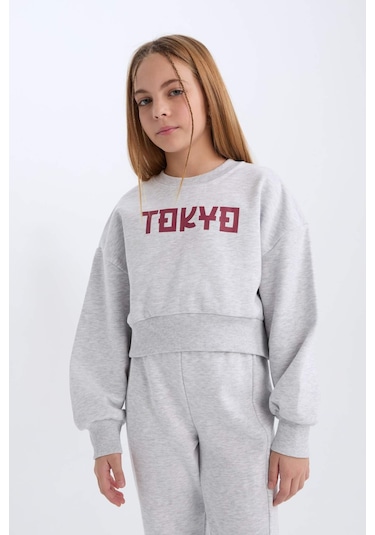 DeFacto Kız Çocuk 2'li Takım Baskılı Sweatshirt Üst Beli Lastikli Jogger Eşofman Altı D4867A824WNGR421 Gri