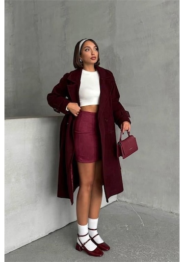 Kadın Astarlı Bordo İthal Kaşe Kaban Dpnbg048 Bordo