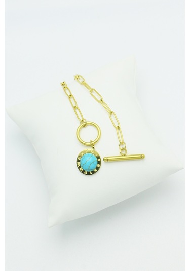 Altın Kaplama Seri Kararmaz Turkuaz Taşlı Roma Rakamlı Çeli Gold Altın