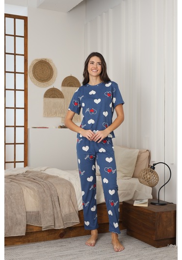 Kadın Yazlık Kısa Kol Penye Süprem Kumaş Pijama Takımı Mavi Kalpli
