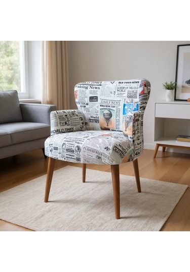 Roma Modern Tekli Koltuk Berjer - Dijital Baskılı Kumaş - Ahşap Ayak - Gazete Desen Gazete Desen