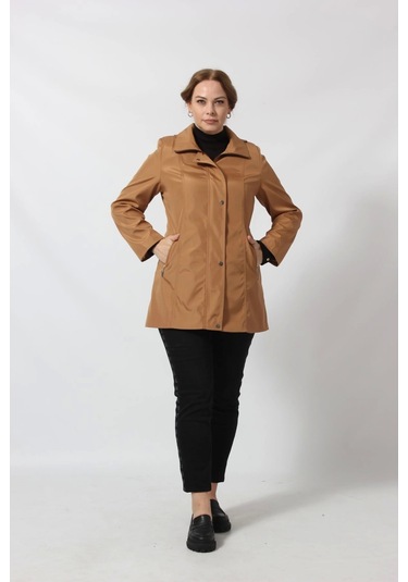 1616 Fermuarlı Cep Detaylı Kapuşonlu Bondit Ceket Camel