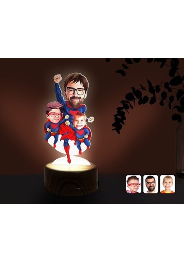 Kişiye Özel Süper Baba Ve Çocuklar Karikatürlü Dekoratif 3D Biblo
