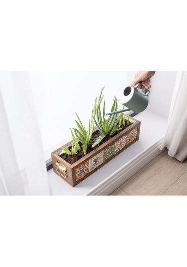 Halohope El Yapımı 5 Meksika Çinili Dekoratif Modern Ahşap Dikdörtgen Kaliteli Bahçe Balkon Saksı Saksılık