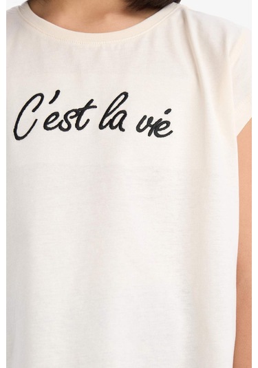 DeFacto Kız Çocuk 2'li Takım Baskılı Kolsuz Tişört Şort Etek E1260A825SMBG106 Bej