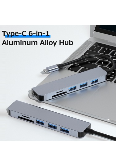Yaozixa Type-c 6 Çıktılı Hub Alüminyum Kasa - Usb3.0, 2xusb2.0, Hdmı 4k, Sd/tf Kart Okuyucu