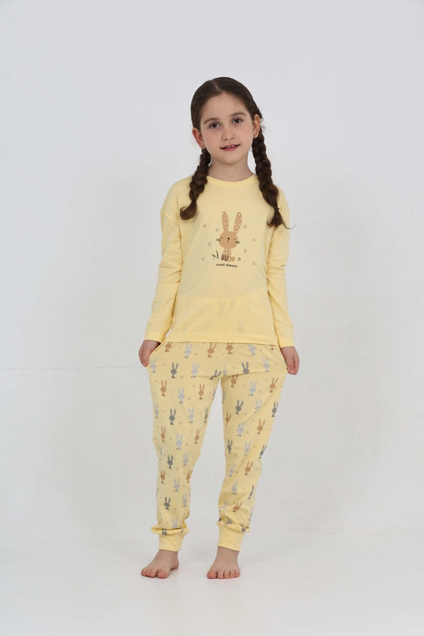 Toontoy Kız Çocuk Tavşan Baskılı Pijama Takım Sarı