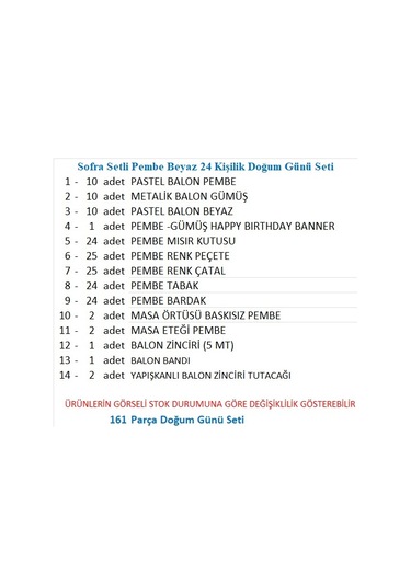 Sofra Setli Pembe Beyaz 24 Kişilik Doğum Günü Seti