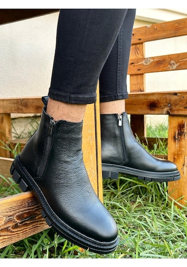 Muggo Chelsea Hakiki Deri Çift Fermuarlı Garantili Erkek Kışlık Bot 001