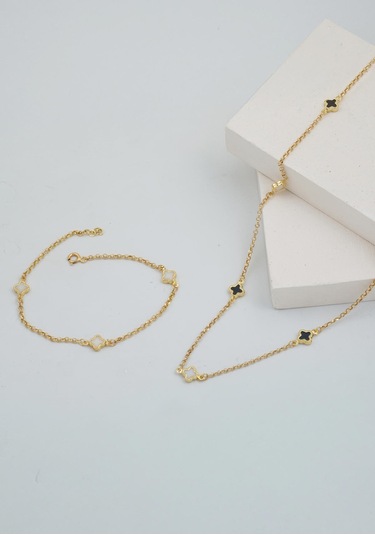 Bilezikci Siyah Beyaz Yoncalı 14 Ayar Altın Set