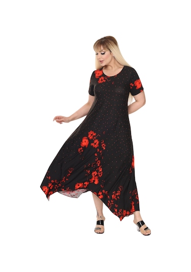 Melsay Butik Kırmızı Puanlı Gelincik Desen Asimetrik Kısa Kollu Elbise Siyah