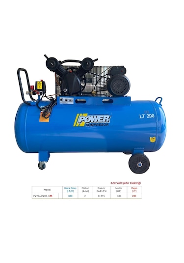 Power PV2065/200-3M  200 L 220 Volt Monofaze Döküm Kafalı Yağlı Pistonlu Kompresör
