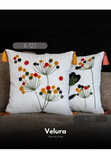 Dekoratif Kırlent & Pinterest Kırlent & Keten Kumaş - Nakış İşleme & A127-a128 Kırmızı - Turuncu