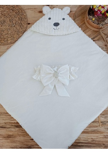 Yenidoğan Beyaz Wool Yün Kumaş Ayıcık Kulaklı Kundak Bebek Battaniyesi Beyaz