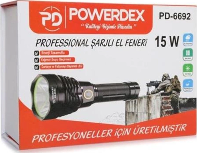 15w Led 'li Yağmur Suyu Geçirmez Şarjlı Ve Pilli El Feneri Pd-6692 Siyah