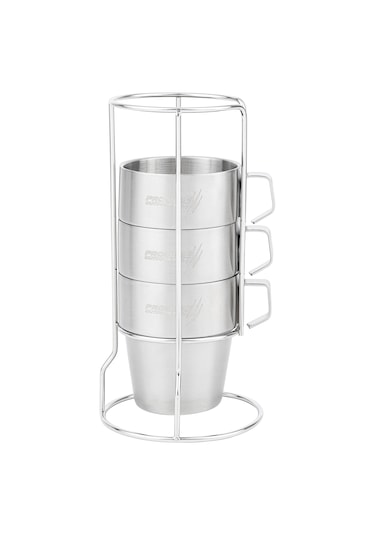 Paslanmaz Çelik 4'lü Kupa Seti - Stantlı - 300 Ml Gri - Gümüş