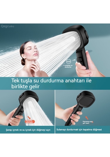 Üç Modlu Su Akışı Ayarlanabilen Yüksek Basınçlı Duş Başlığı Siyah