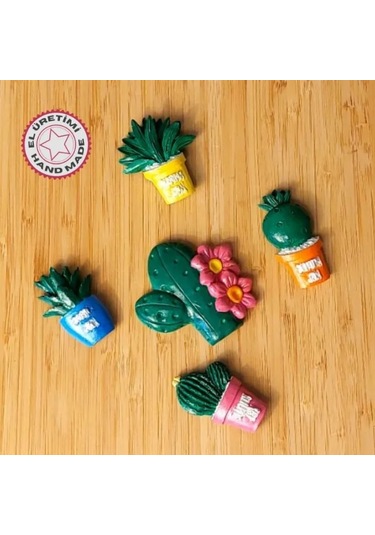 Uretti - Pınar 2572 - 5117 El Yapımı 5'li Tematik Minyatür Kaktüs Magnet - Koyu Yeşil 5