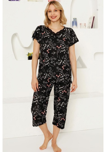 Alimer Kadın Siyah Dantelli V Yaka Bermuda Pijama Takım Edy2707s Siyah