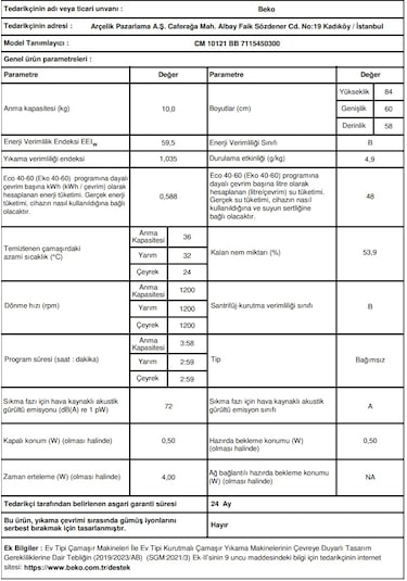 Beko CM 10121 BB 1200 Devir 10 KG Çamaşır Makinesi