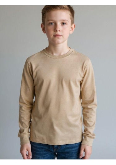 Zekids Erkek Çocuk Pamuklu Uzun Kol Basic T-shirt-16713 Bej