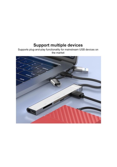 Usb / Typ-c / 8 Pin-cf / Tf / Sd Kart Okuyucu, 3,5mm Hub Adaptörü 6 Arada 1 Yerleştirme İstasyonu Gümüş , Boyut:6'da 6