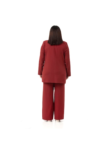 Büyük Beden Çizgili Bordo Ceket Pantolon İkili Takım Bordo
