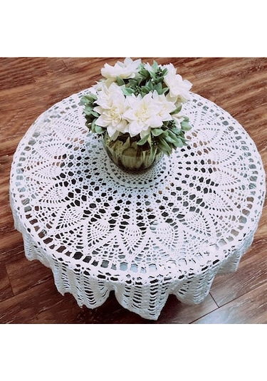 Xindoker El İşi Dantel Masa Örtüsü - Vintage Çiçek Desenli Yuvarlak Kahve Masası Kapağı Beyaz