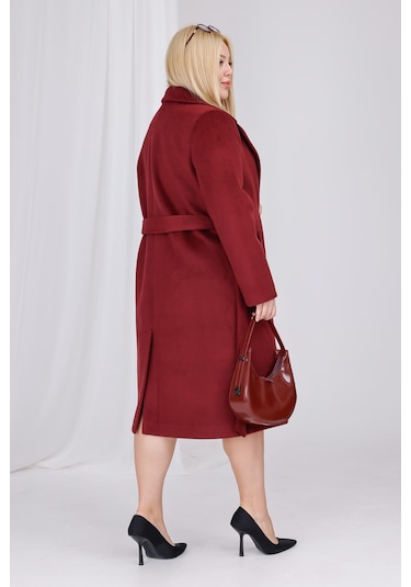 Kadın Bordo Yün Kaşe Kemer Ve Astar Detay Büyük Beden Kaban Bordo