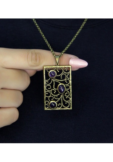 Doğal Taş Ametist 3'lü Doğal Taşlı Antik Kadın Kolye Euk45amt Mor