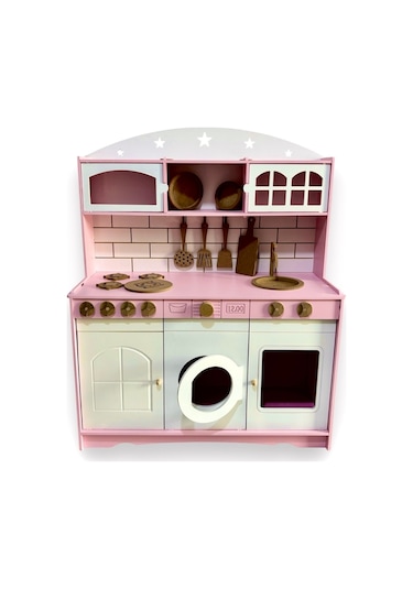 Ahşap Büyük Boy Pembe-beyaz Montessori Mutfak Oyuncak Set
