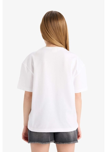 DeFacto Relax Fit Bisiklet Yaka Baskılı Kısa Kollu Kız Çocuk Tişört E0355A825SMWT34 - Beyaz