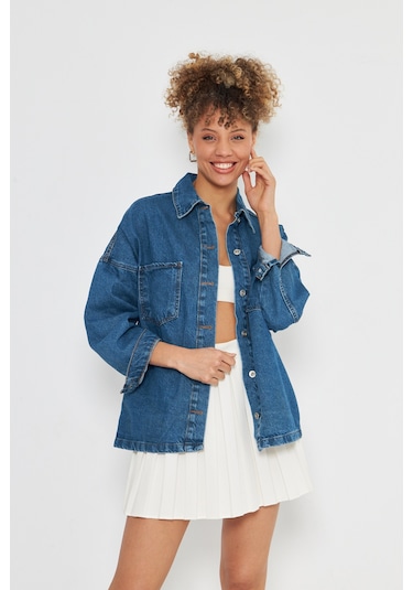 Kutaf Mavi Oversize Denim Gömlek Mavi