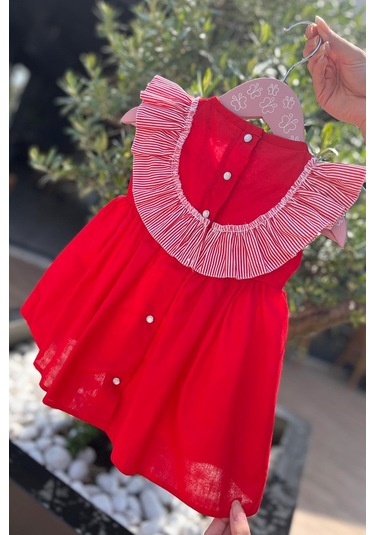 Çizgili Fırfırlı Kız Çocuk Bebek Kırmızı Kolsuz Pamuk Elbise 001