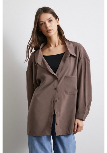 Oversize Cepli Modal Gömlek Kahve Kahve