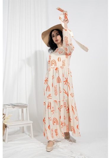 Antik Desenli Keten Elbise-oranj-1249-turuncu Turuncu