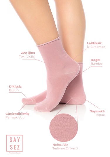 Bambu Kadın Lastiksiz Pembe Soket Dikişsiz Premium Çorap 3'lü Pkt Pembe