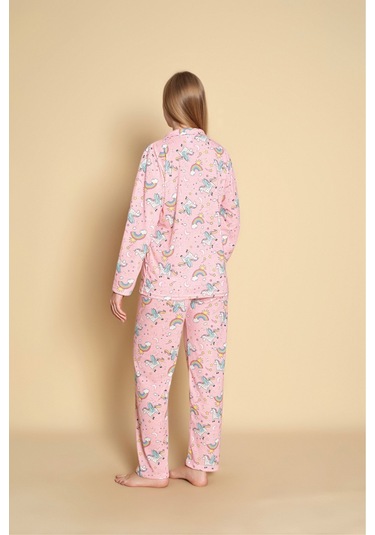 Kadın Desenli Düğmeli Uzun Kol Pijama Takımı Pembe