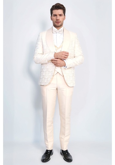 Dalgalı Desenli S Al Yaka Yelekli Krem Smokin - Wessi Krem