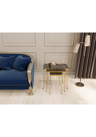 Zigon Sehpa 3'lü Dikdörtgen Gold Tel Ayaklı Siyah Mermer-Gold