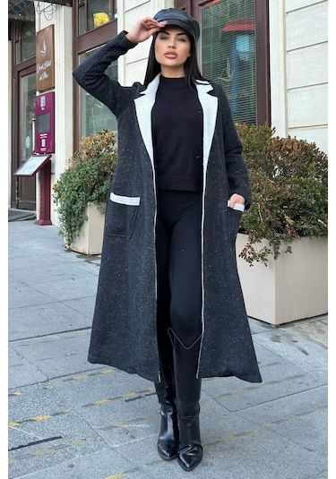 Siyah Çift Taraflı Kruvaze Yaka, Kuşaklı, Yumoş Dokulu, Duble Kaşe Uzun Ceket Siyah